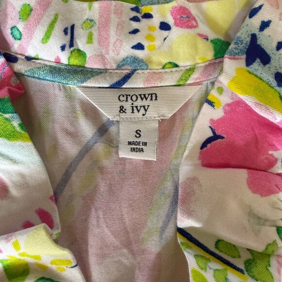 Crown & Ivy Lime Green & Pink Floral Ruffled Top Sleveless Small V-Neck‎ Cottage - Picture 5 of 5